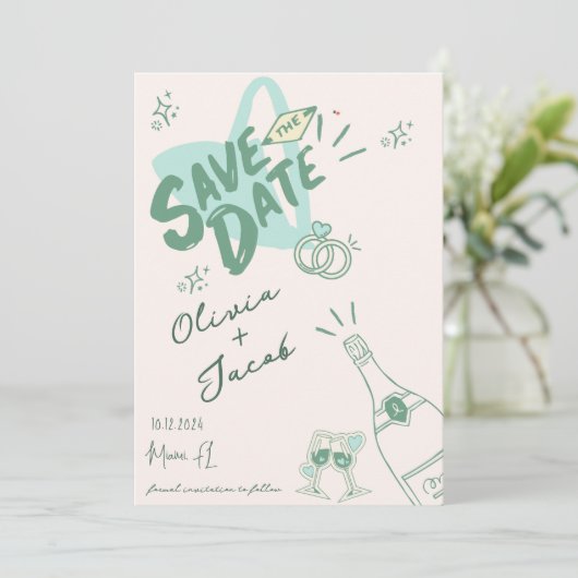 Trendy Hand Drawn Sage Scribble Fun Save the Date Einladung (Stehend Vorderseite)