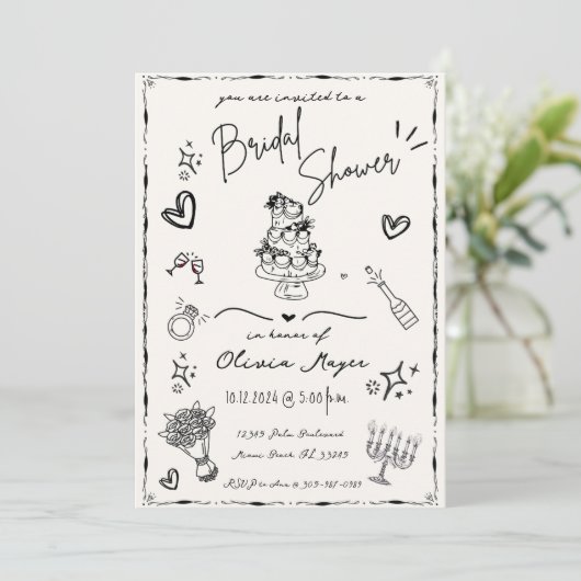 Trendy Hand Drawn Scribble Fun Brautparty Einladung (Stehend Vorderseite)