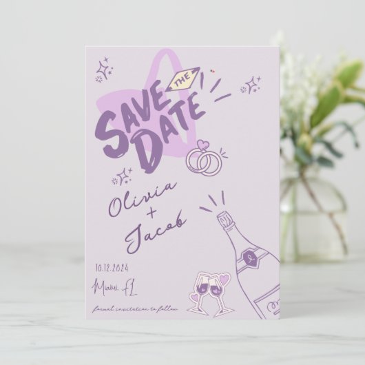Trendy Hand Drawn Scribble Fun Save the Date Einladung (Stehend Vorderseite)