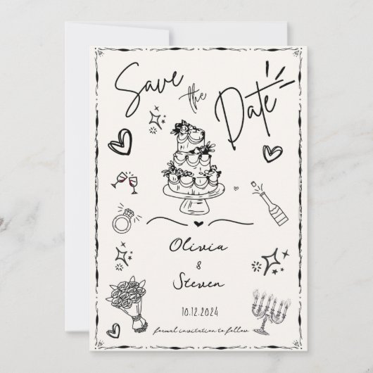 Trendy Hand Drawn Scribble Fun Save the Date Einladung (Vorderseite)