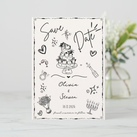 Trendy Hand Drawn Scribble Fun Save the Date Einladung (Stehend Vorderseite)