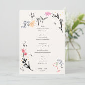Trendy Hand Drawn Wildfower Wavy Squiggle Wedding Menükarte (Stehend Vorderseite)