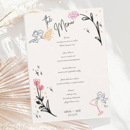 Trendy Hand Drawn Wildfower Wavy Squiggle Wedding Menükarte