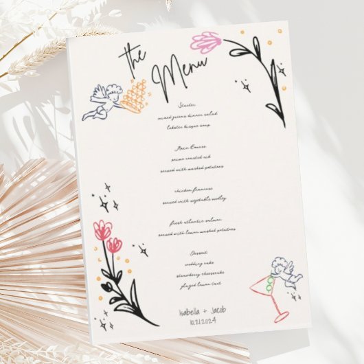 Trendy Hand Drawn Wildfower Wavy Squiggle Wedding Menükarte