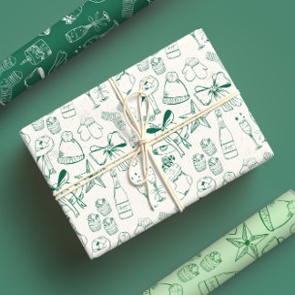 Trendy Hand gezeichnet monochrome Grün & Weiß Xmas Geschenkpapier Set