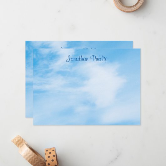 Trendy Handwriting Script Name Blue Sky Clouds Mitteilungskarte (Vorderseite/Rückseite Beispiel)