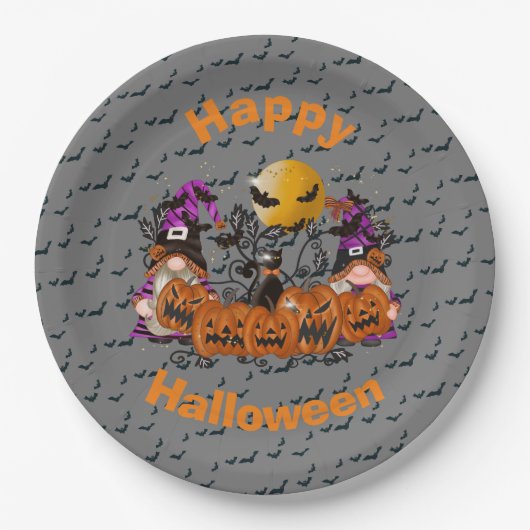 Trendy Happy Halloween Gray Gnome Pappteller (Vorderseite)