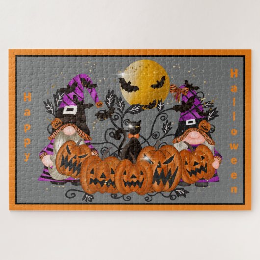 Trendy Happy Halloween Gray Gnome Puzzle (Horizontal)