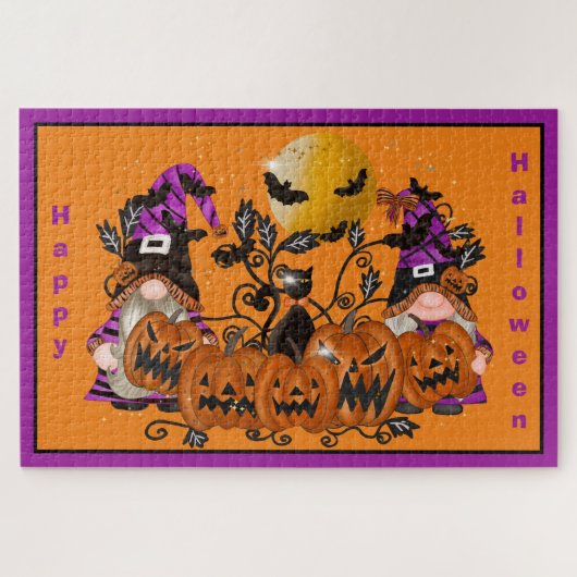 Trendy Happy Halloween Orange Gnome Puzzle (Horizontal)