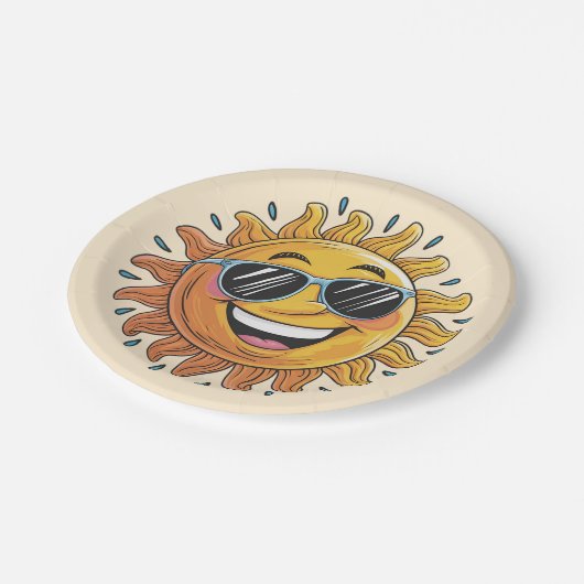 Trendy Happy Yellow Sun with Sunglasses Pappteller (Schrägansicht)