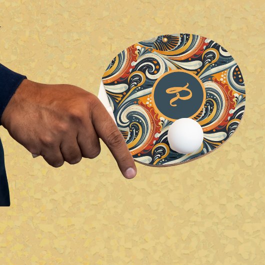 Trendy Hip Retro Orange Deep Teal Swirls Monogram  Tischtennis Schläger