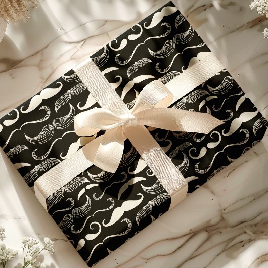 Trendy Hipster Black and White Mustache Muster Geschenkpapier