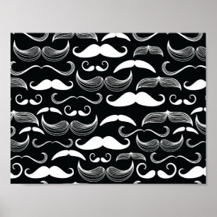 Trendy Hipster Black and White Mustache Muster Poster