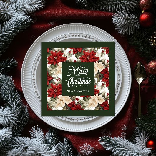 Trendy Holiday Napkins Custom Name Poinsettia Serviette