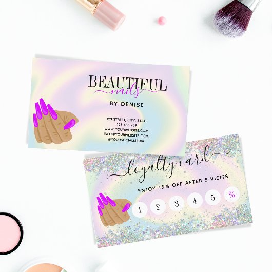 Trendy Holograph Nagelsalon mit langen Nägeln Hand Visitenkarte