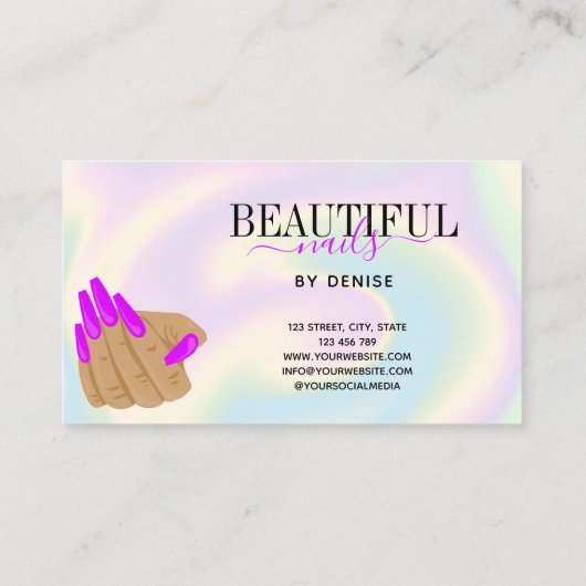 Trendy Holograph Nagelsalon mit langen Nägeln Hand Visitenkarte (Rückseite)