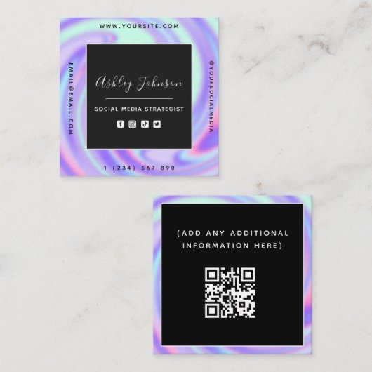 Trendy Holographic Gradient Social Media QR Code Quadratische Visitenkarte (Vorne/Hinten)