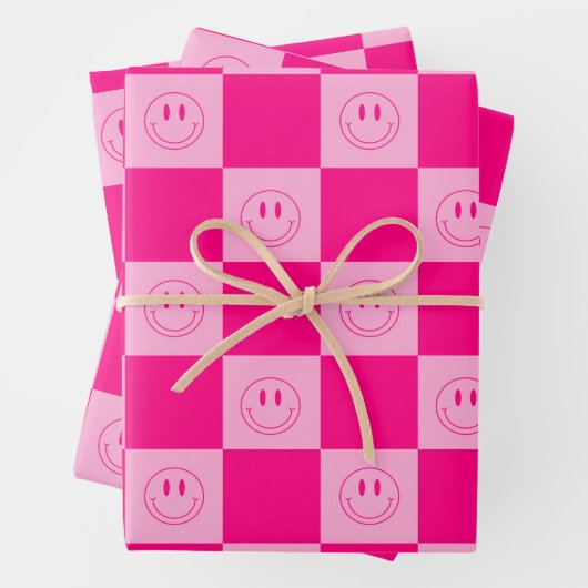 Trendy Hot Pink Checkered & Groovy Happy Lächeln Geschenkpapier Set (Beispiel)