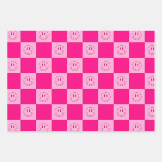 Trendy Hot Pink Checkered & Groovy Happy Lächeln Geschenkpapier Set (Vorderseite)