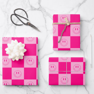 Trendy Hot Pink Checkered & Groovy Happy Lächeln Geschenkpapier Set