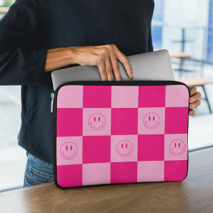 Trendy Hot Pink Checkered & Happy Smile Face Laptopschutzhülle