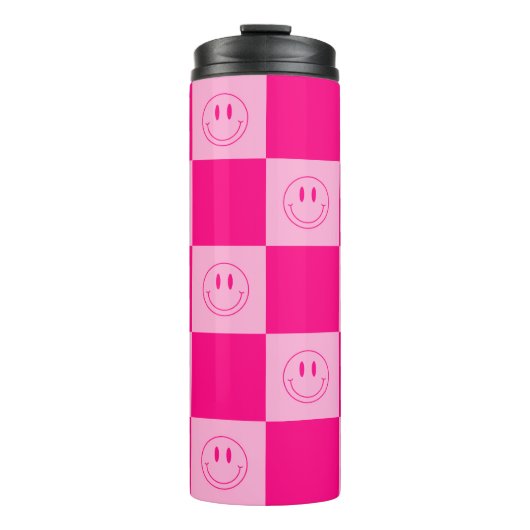 Trendy Hot Pink Checkered Niedlich Happy Lächeln G Thermosbecher (Vorderseite)