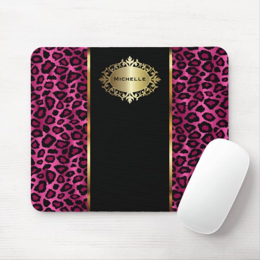 Trendy Hot Pink Leopard Tier mit Gold Akzenten Mousepad (Mit Mouse)