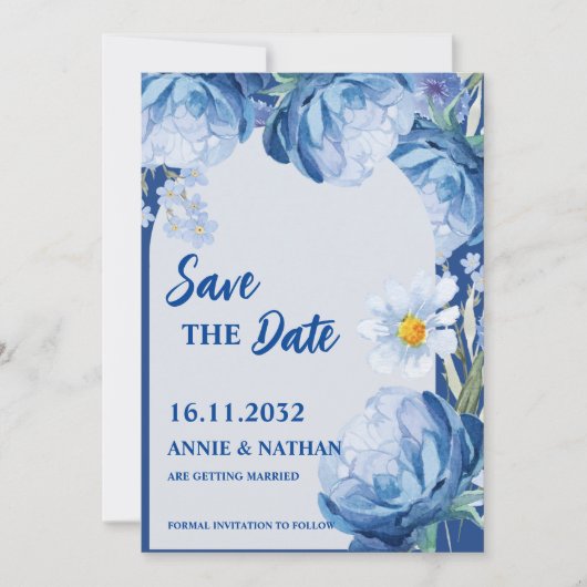 Trendy Hübsch Blue Florals Wedding Save the Date (Vorderseite)