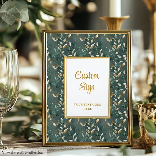 Trendy Hunter Green Gold Foliage Wedding Custom Poster