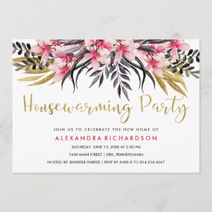 Trendy Imitat-GoldGlitzerblumenhousewarming-Party Einladung