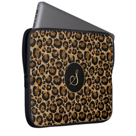 Trendy Imitats Glitzer Leopard mit Monogramm Laptopschutzhülle (Vorne Rechts)