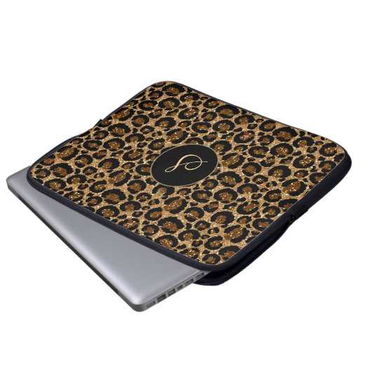 Trendy Imitats Glitzer Leopard mit Monogramm Laptopschutzhülle (Vorne Knopf)