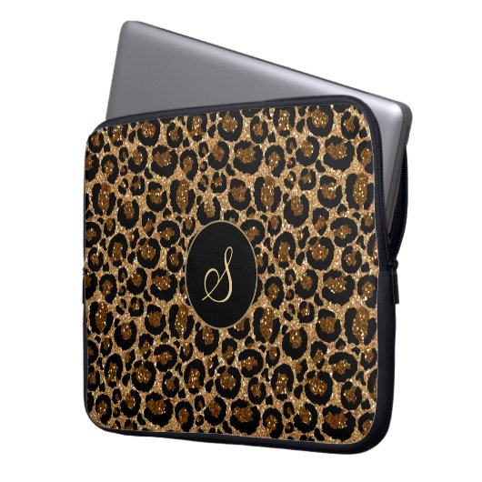 Trendy Imitats Glitzer Leopard mit Monogramm Laptopschutzhülle (Vorderseite Links)