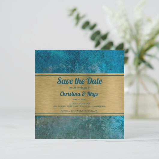 Trendy in Blue Save the Date (Stehend Vorderseite)