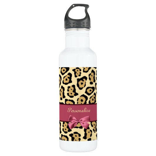 Trendy Jaguar Print mit rosa Ribbon Bow und Name Trinkflasche (Vorderseite)