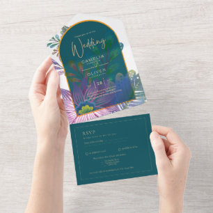 Trendy Jewel Tone Tea Maroon Gold Wedding All In One Einladung