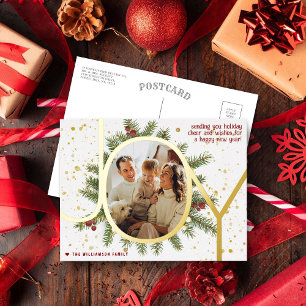 Trendy Joy Pine Boughs Wreath Christmas Foto Real Folien Feiertagspostkarte