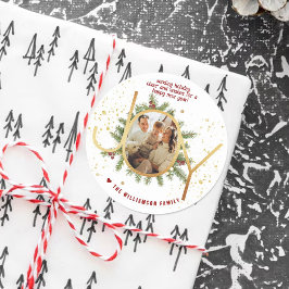 Trendy Joy Pine Boughs Wreath Christmas Photo Runder Aufkleber