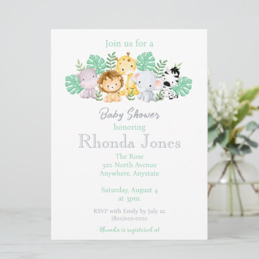 Trendy Jungle Animals Wasserfarbene Babydusche Einladung (Stehend Vorderseite)