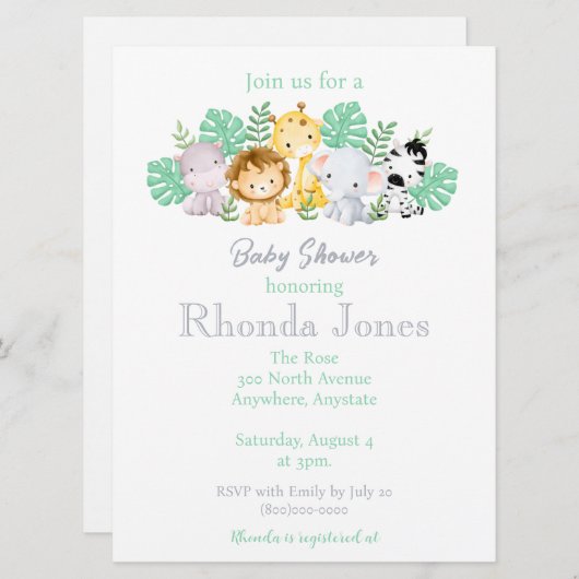 Trendy Jungle Animals Wasserfarbene Babydusche Einladung (Vorne/Hinten)