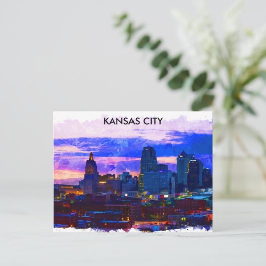 Trendy Kansas City Skyline Travel Watercolor Postkarte (Stehend Vorderseite)