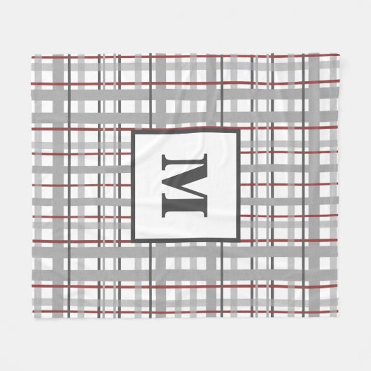 Trendy Kariert Red Silver Gray Monogram Fleecedecke (Vorderseite (Horizontal))