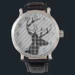 Trendy Kariertes Hirsch und Graustreifen Mit Monog Armbanduhr<br><div class="desc">Stilvolles kariertes Hirschprofil und graue gestreifte Uhr mit elegantem Monogramm.</div>