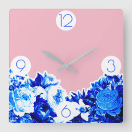 Trendy Kobalt-Blau-Blumen u. erröten Rosa Quadratische Wanduhr