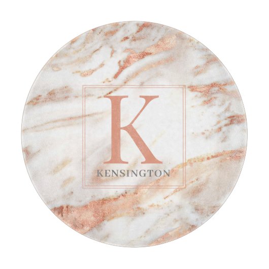 Trendy Kupfer Rose Gold Metallic Marmor Monogramm Schneidebrett (Vorderseite)