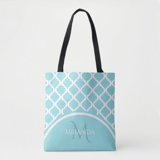 Trendy Large Aqua Quatrefolie Monongram und Name Tasche (Vorderseite)