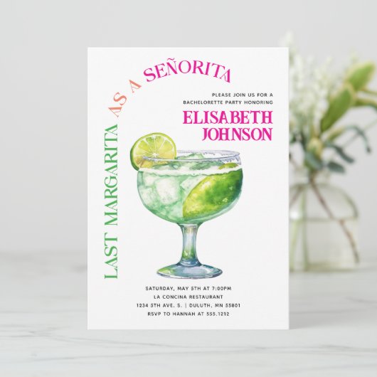 Trendy Last Margarita als Señorita Bachelorette Einladung (Stehend Vorderseite)