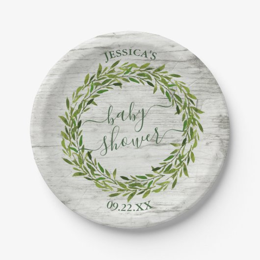 Trendy Laurel Wreath Greenery Baby Shower Pappteller (Vorderseite)