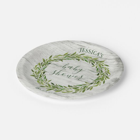 Trendy Laurel Wreath Greenery Baby Shower Pappteller (Schrägansicht)