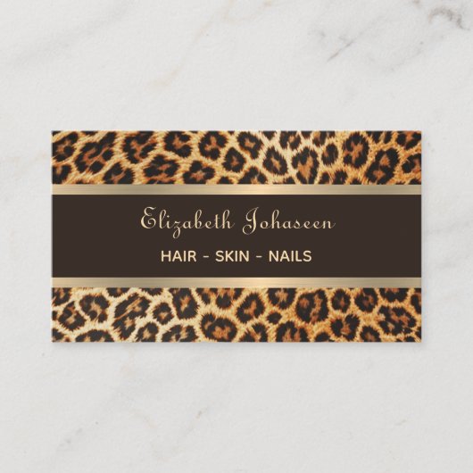 Trendy Leopard Animal Print Brown and Gold Stripes Visitenkarte (Vorderseite)